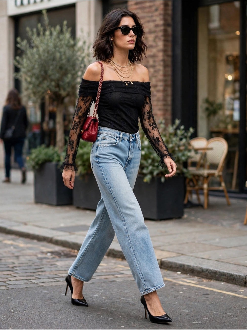 Black Off-Shoulder Lace Long-Sleeve Top